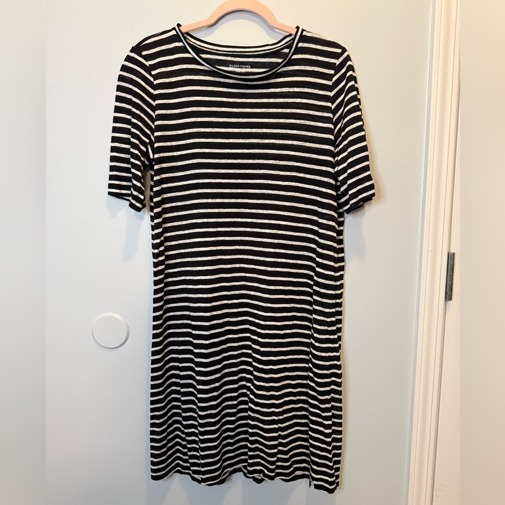 Eileen Fisher Black and White Striped 100% Organic Linen Midi T-Shirt Dress